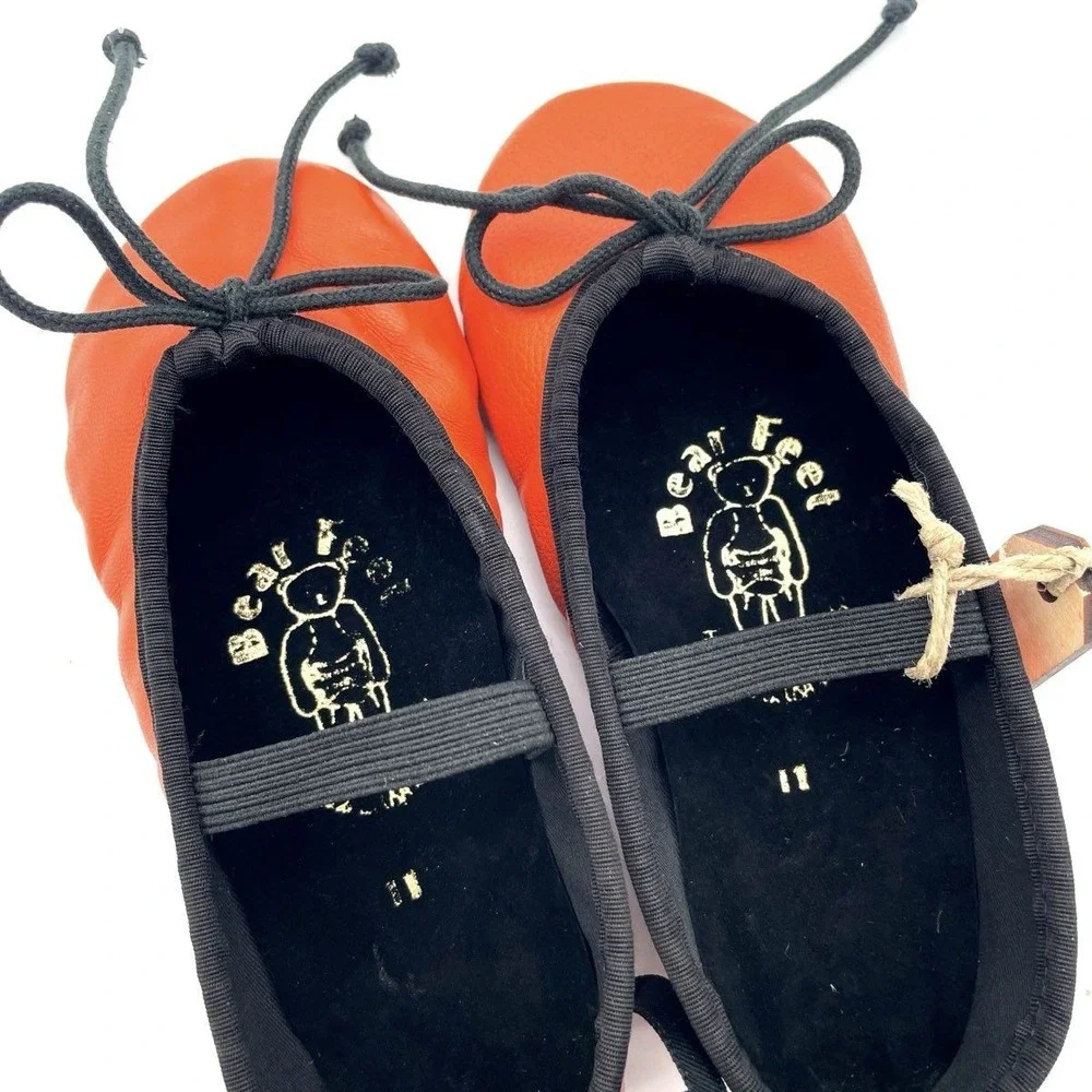 Bear Feet BBG Orange Black Leather Soft Sole Ballerina Flats Kids Size 11